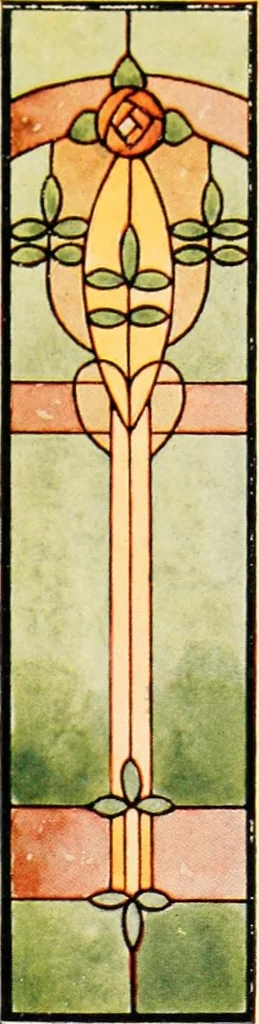 An illustration from International art glass catalogue : art and beveled glass in all its branches : church, memorial, society and domestic windows, Art Nouveau, prism, mitre beveled plate, leaded bevel, etc., 1914, leaf 54