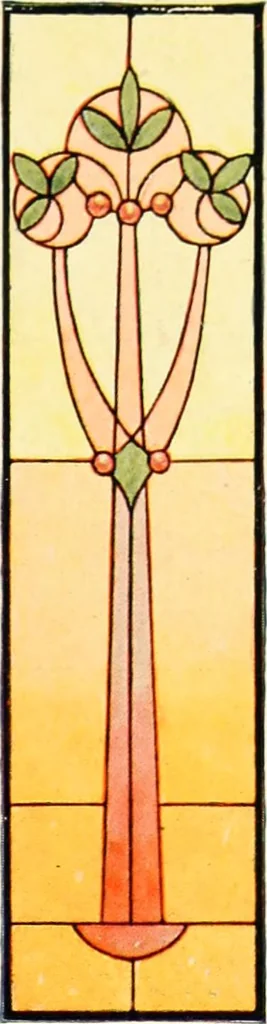 An illustration from International art glass catalogue : art and beveled glass in all its branches : church, memorial, society and domestic windows, Art Nouveau, prism, mitre beveled plate, leaded bevel, etc., 1914, leaf 54