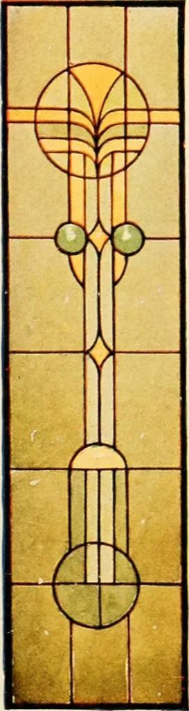 An illustration from International art glass catalogue : art and beveled glass in all its branches : church, memorial, society and domestic windows, Art Nouveau, prism, mitre beveled plate, leaded bevel, etc., 1914, leaf 54