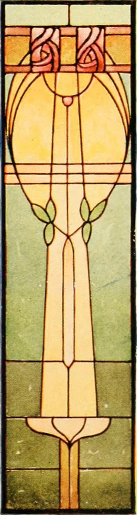 An illustration from International art glass catalogue : art and beveled glass in all its branches : church, memorial, society and domestic windows, Art Nouveau, prism, mitre beveled plate, leaded bevel, etc., 1914, leaf 54