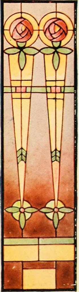 An illustration from International art glass catalogue : art and beveled glass in all its branches : church, memorial, society and domestic windows, Art Nouveau, prism, mitre beveled plate, leaded bevel, etc., 1914, leaf 54