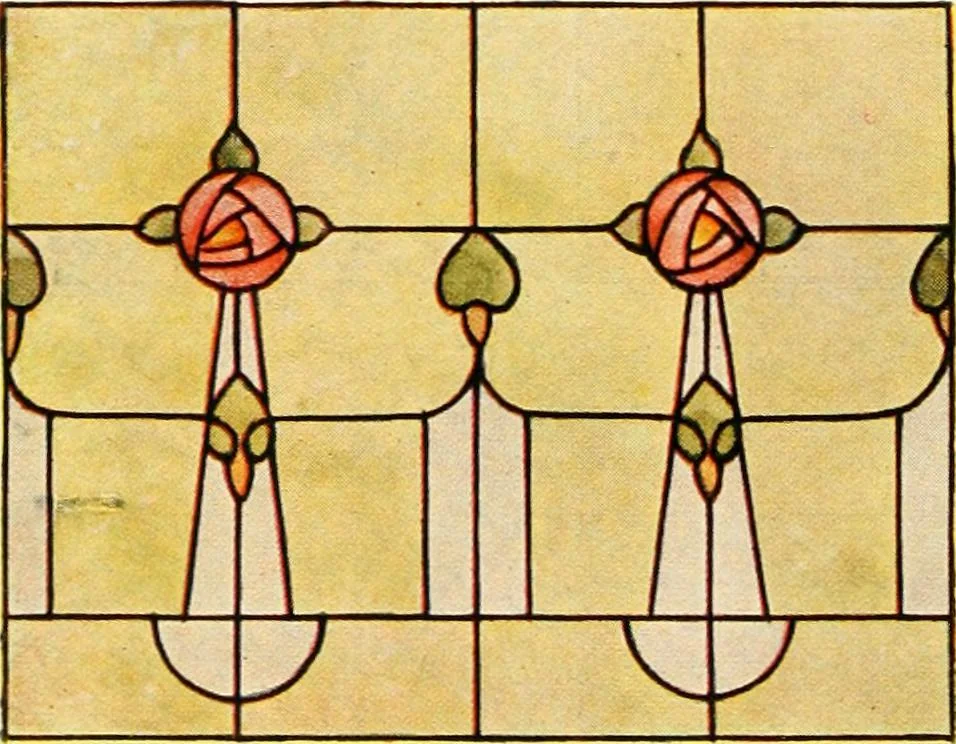 An illustration from International art glass catalogue : art and beveled glass in all its branches : church, memorial, society and domestic windows, Art Nouveau, prism, mitre beveled plate, leaded bevel, etc., 1914, leaf 55