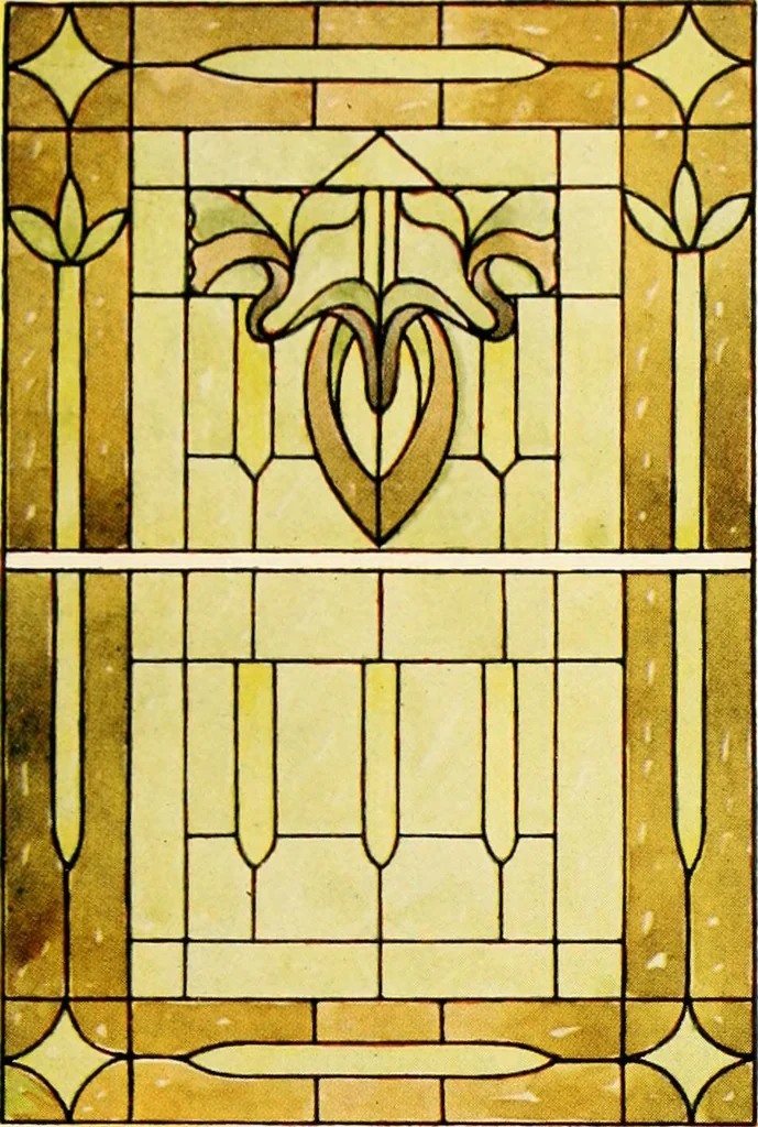 An illustration from International art glass catalogue : art and beveled glass in all its branches : church, memorial, society and domestic windows, Art Nouveau, prism, mitre beveled plate, leaded bevel, etc., 1914, leaf 56