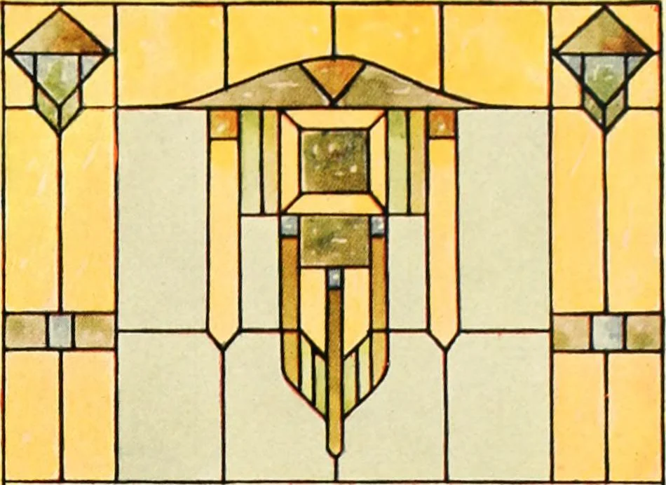 An illustration from International art glass catalogue : art and beveled glass in all its branches : church, memorial, society and domestic windows, Art Nouveau, prism, mitre beveled plate, leaded bevel, etc., 1914, leaf 56