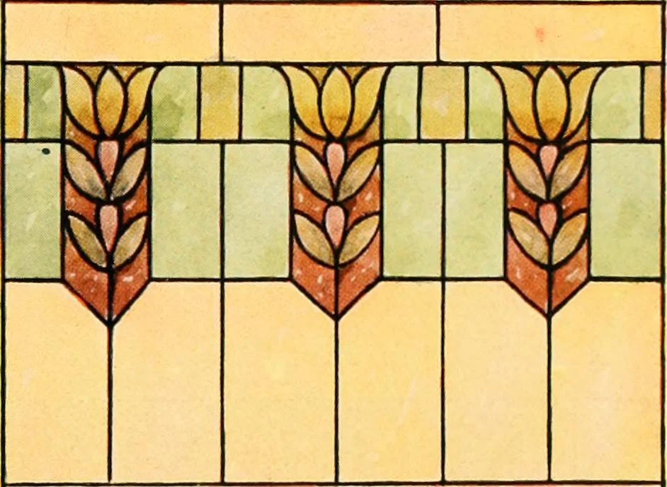 An illustration from International art glass catalogue : art and beveled glass in all its branches : church, memorial, society and domestic windows, Art Nouveau, prism, mitre beveled plate, leaded bevel, etc., 1914, leaf 56