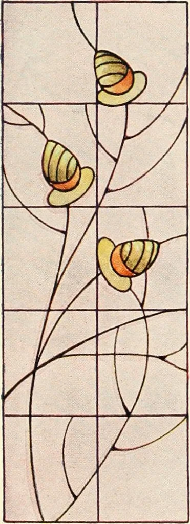 An illustration from International art glass catalogue : art and beveled glass in all its branches : church, memorial, society and domestic windows, Art Nouveau, prism, mitre beveled plate, leaded bevel, etc., 1914, leaf 57