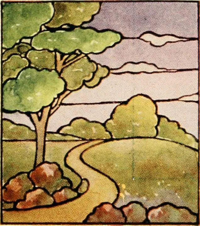 An illustration from International art glass catalogue : art and beveled glass in all its branches : church, memorial, society and domestic windows, Art Nouveau, prism, mitre beveled plate, leaded bevel, etc., 1914, leaf 58