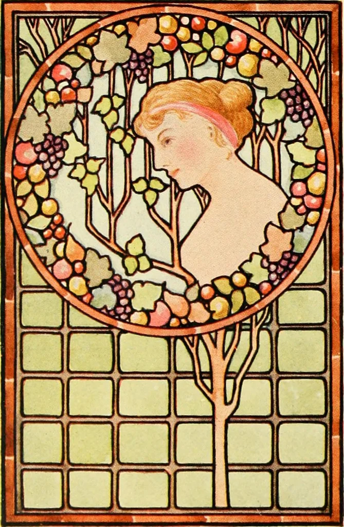 An illustration from International art glass catalogue : art and beveled glass in all its branches : church, memorial, society and domestic windows, Art Nouveau, prism, mitre beveled plate, leaded bevel, etc., 1914, leaf 59