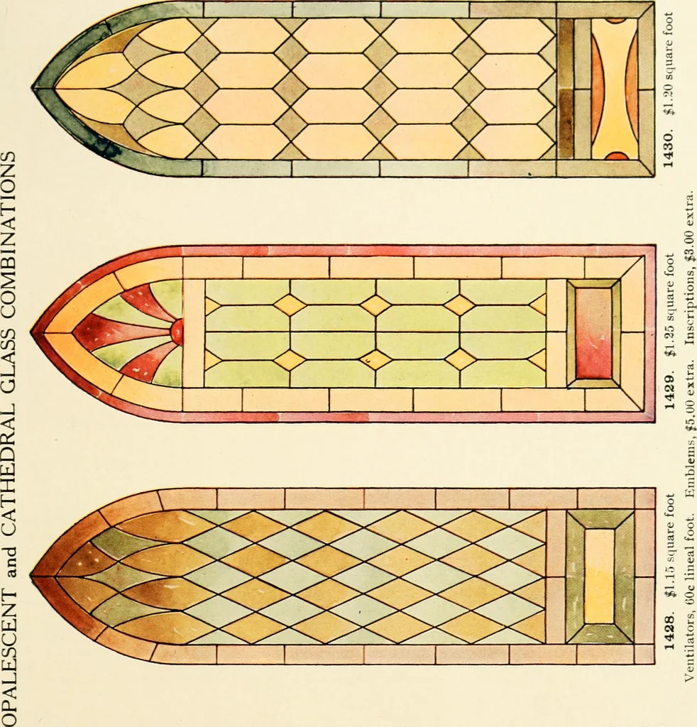 An illustration from International art glass catalogue : art and beveled glass in all its branches : church, memorial, society and domestic windows, Art Nouveau, prism, mitre beveled plate, leaded bevel, etc., 1914, leaf 60