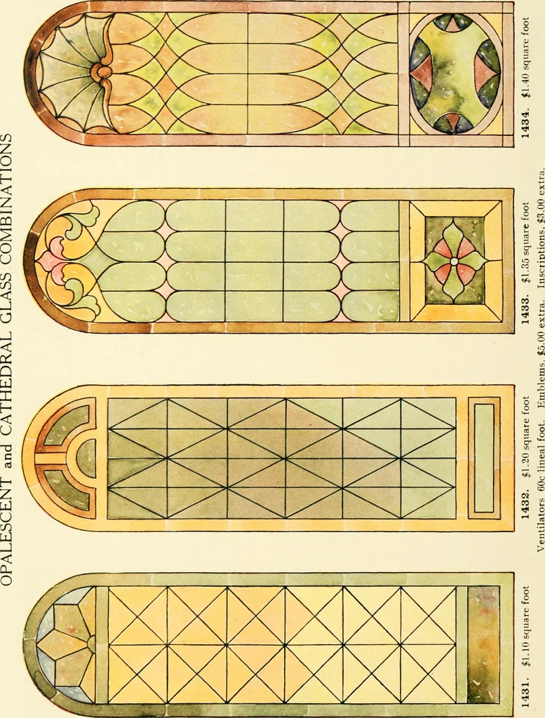An illustration from International art glass catalogue : art and beveled glass in all its branches : church, memorial, society and domestic windows, Art Nouveau, prism, mitre beveled plate, leaded bevel, etc., 1914, leaf 61