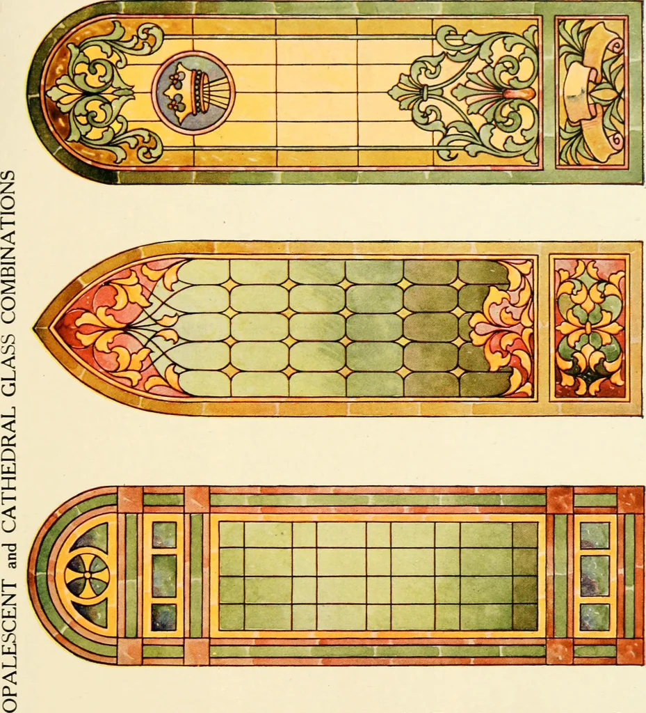 An illustration from International art glass catalogue : art and beveled glass in all its branches : church, memorial, society and domestic windows, Art Nouveau, prism, mitre beveled plate, leaded bevel, etc., 1914, leaf 62