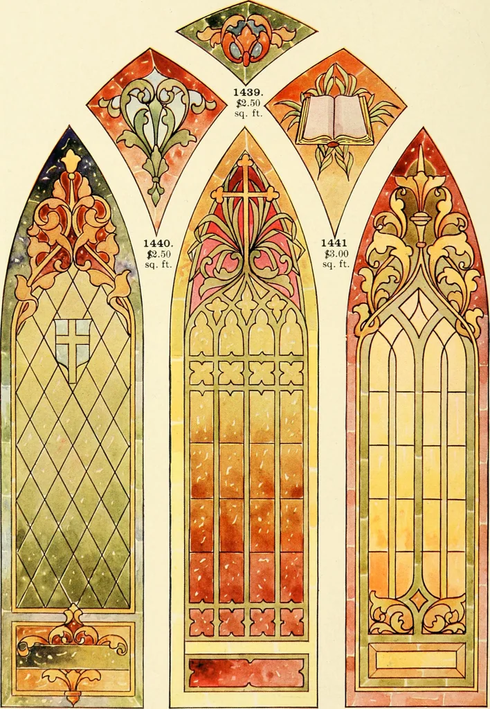 An illustration from International art glass catalogue : art and beveled glass in all its branches : church, memorial, society and domestic windows, Art Nouveau, prism, mitre beveled plate, leaded bevel, etc., 1914, leaf 63