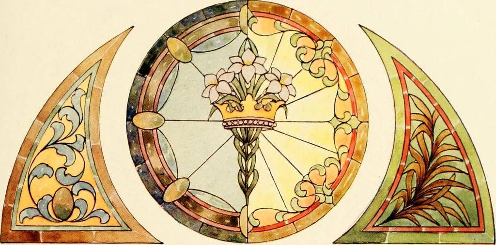 An illustration from International art glass catalogue : art and beveled glass in all its branches : church, memorial, society and domestic windows, Art Nouveau, prism, mitre beveled plate, leaded bevel, etc., 1914, leaf 64