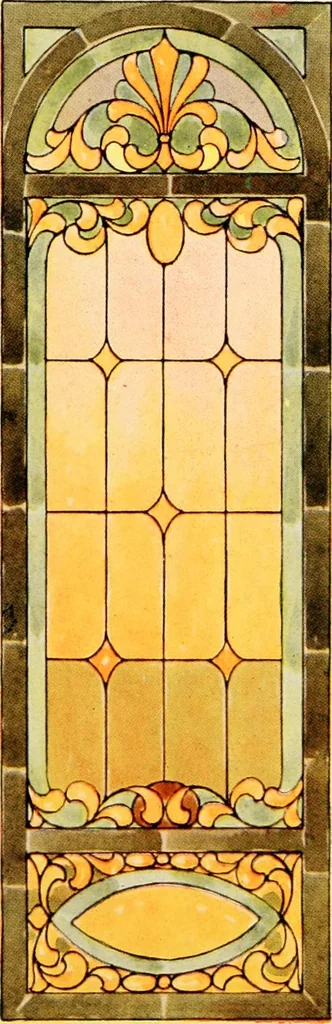 An illustration from International art glass catalogue : art and beveled glass in all its branches : church, memorial, society and domestic windows, Art Nouveau, prism, mitre beveled plate, leaded bevel, etc., 1914, leaf 64