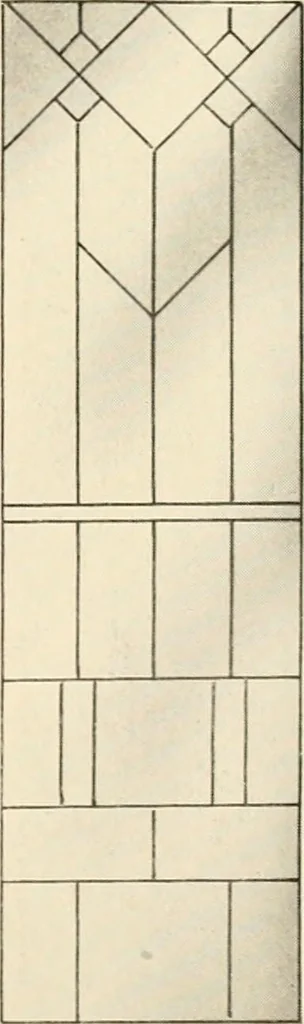 An illustration from International art glass catalogue : art and beveled glass in all its branches : church, memorial, society and domestic windows, Art Nouveau, prism, mitre beveled plate, leaded bevel, etc., 1914, leaf 8