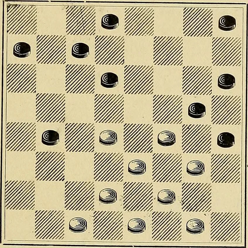 An illustration from International match. Complete record of the [checker] games played between players of Great Britain and the United States, Boston, March 14th to 25th, 1905, 1906, leaf 218