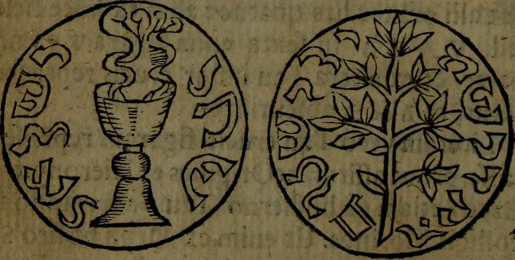 An illustration from Introductio ad lectionem linguarum orientalium : Hebraicae, Chaldaicae, Samaritanae, Syriacae, Arabicae, Persicae, Aethiopicae, Armenae, Coptae : consilium de earum studio foeliciter instituendo, & de libris quos in hunc finem sibi comparare debent studiosi : in usum tyronum qui linguas istas addiscere desiderant, praecipue eorum qui sumptus ad Biblia polyglotta (jam sub prelo) imprimenda contulerunt : praemittitur praefatio, in qua de hisce linguis, & de textuum, & versionum, quae in dictis Bibliis habentur, antiquitate, authoritate & usu, breviter disseritur, quid[que] in hac editione prae reliquis expectandum sit, 1655, leaf 142