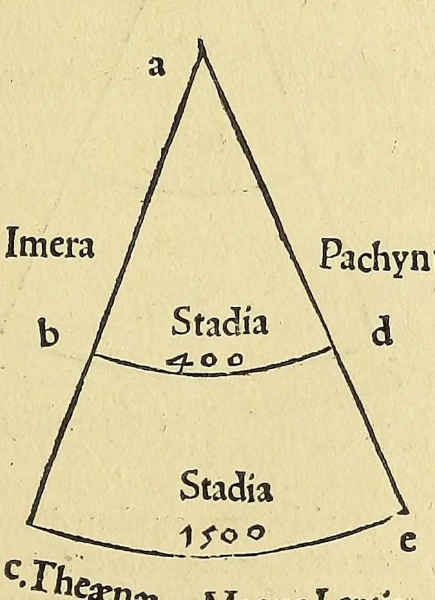 An illustration from Introductio geographica Petri Apiani in doctissimas Verneri annotationes, co[n]tinens plenum intellectum [et] iudicium omnis operationis, quæ per sinus [et] chordas in géographia confici potest, adiuncto radio astronomico cum quadrante nouo meteoroscopii loco longe vitilissimo. : Huic accedit translatio noua primi libri Géographiæ Cl. Ptolemæi ., 1533, leaf 107