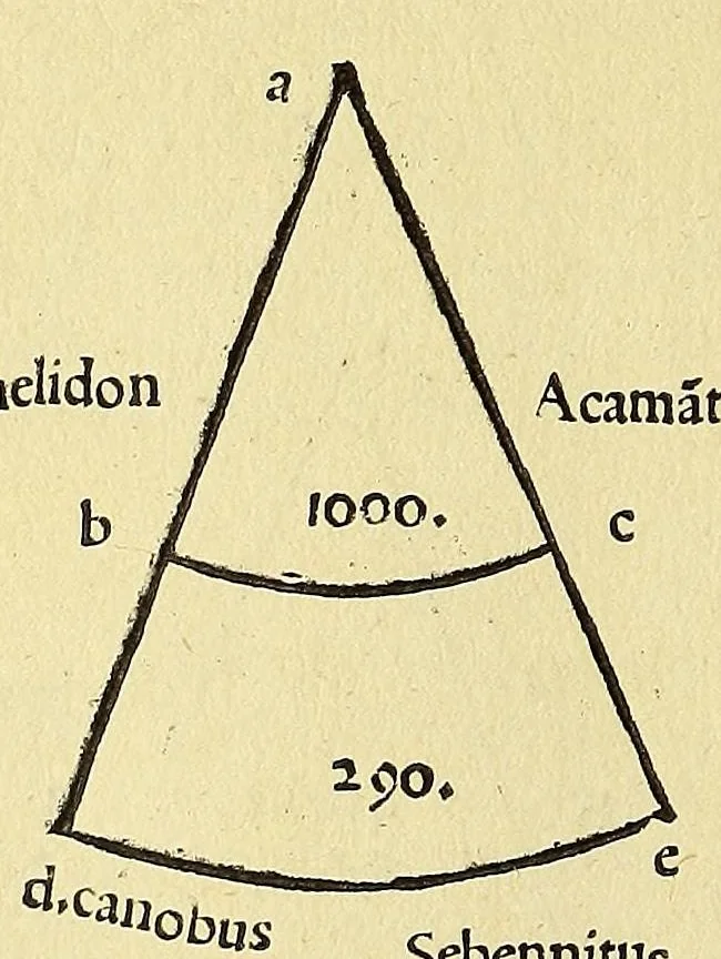 An illustration from Introductio geographica Petri Apiani in doctissimas Verneri annotationes, co[n]tinens plenum intellectum [et] iudicium omnis operationis, quæ per sinus [et] chordas in géographia confici potest, adiuncto radio astronomico cum quadrante nouo meteoroscopii loco longe vitilissimo. : Huic accedit translatio noua primi libri Géographiæ Cl. Ptolemæi ., 1533, leaf 108