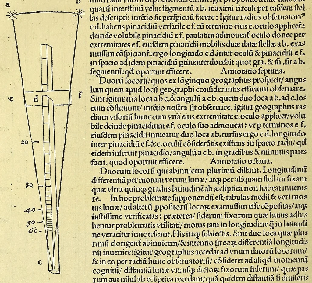 An illustration from Introductio geographica Petri Apiani in doctissimas Verneri annotationes, co[n]tinens plenum intellectum [et] iudicium omnis operationis, quæ per sinus [et] chordas in géographia confici potest, adiuncto radio astronomico cum quadrante nouo meteoroscopii loco longe vitilissimo. : Huic accedit translatio noua primi libri Géographiæ Cl. Ptolemæi ., 1533, leaf 86