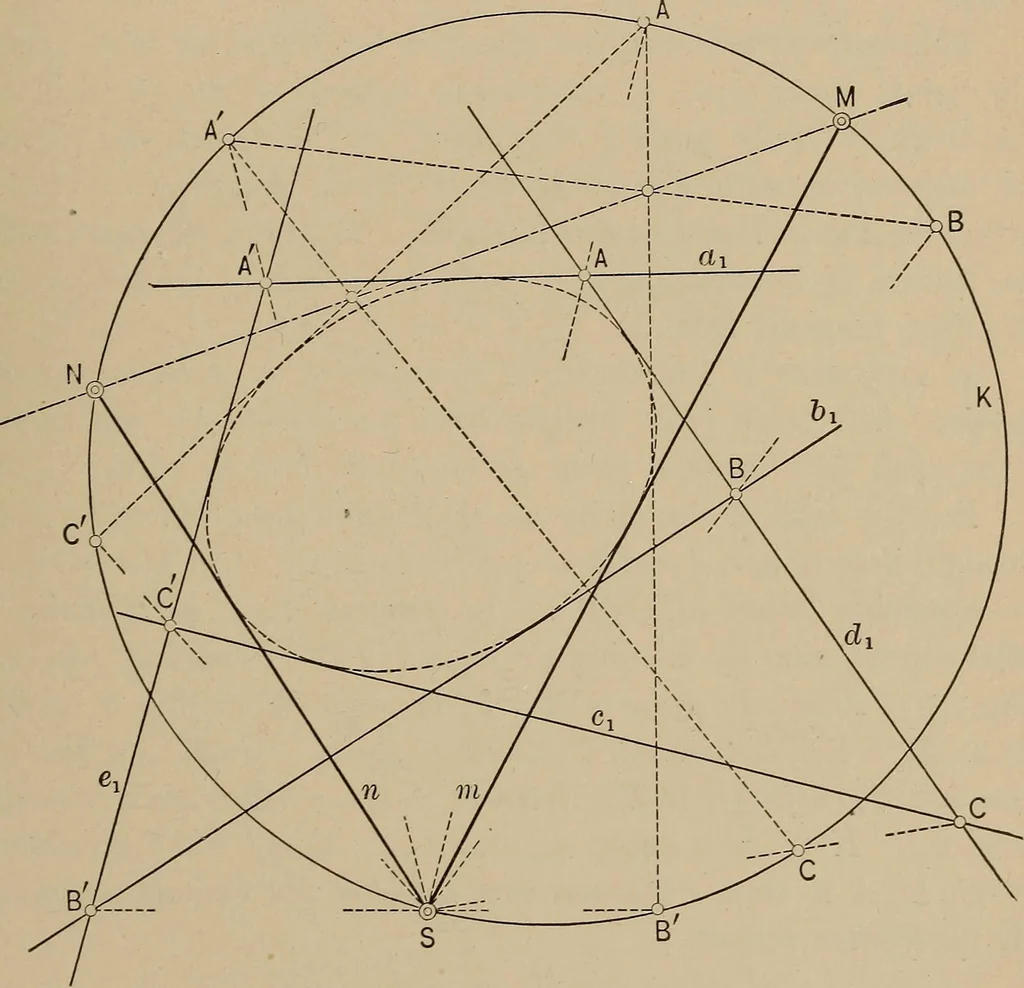 An illustration from An introduction to projective geometry and its applications; an analytic and synthetic treatment, 1905, leaf 176