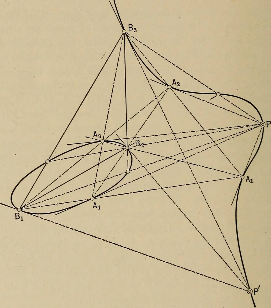 An illustration from An introduction to projective geometry and its applications; an analytic and synthetic treatment, 1905, leaf 199