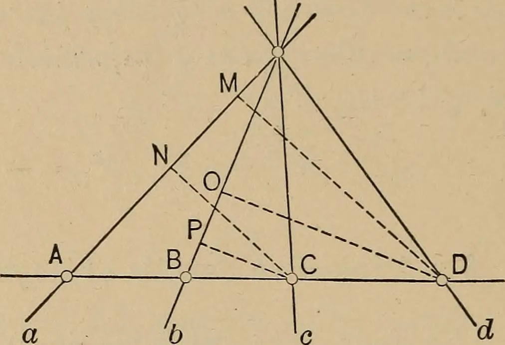 An illustration from An introduction to projective geometry and its applications; an analytic and synthetic treatment, 1905, leaf 29
