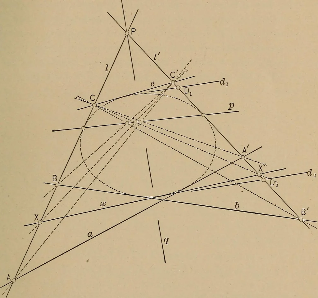 An illustration from An introduction to projective geometry and its applications; an analytic and synthetic treatment, 1905, leaf 46
