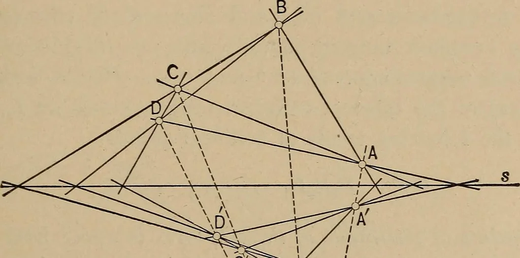 An illustration from An introduction to projective geometry and its applications; an analytic and synthetic treatment, 1905, leaf 96