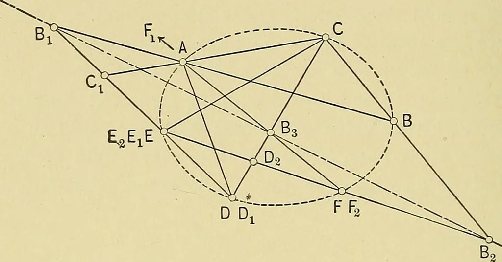 An illustration from An introduction to projective geometry and its applications; an analytic and synthetic treatment, 1905, leaf 147