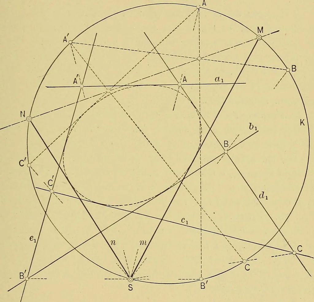 An illustration from An introduction to projective geometry and its applications; an analytic and synthetic treatment, 1905, leaf 176