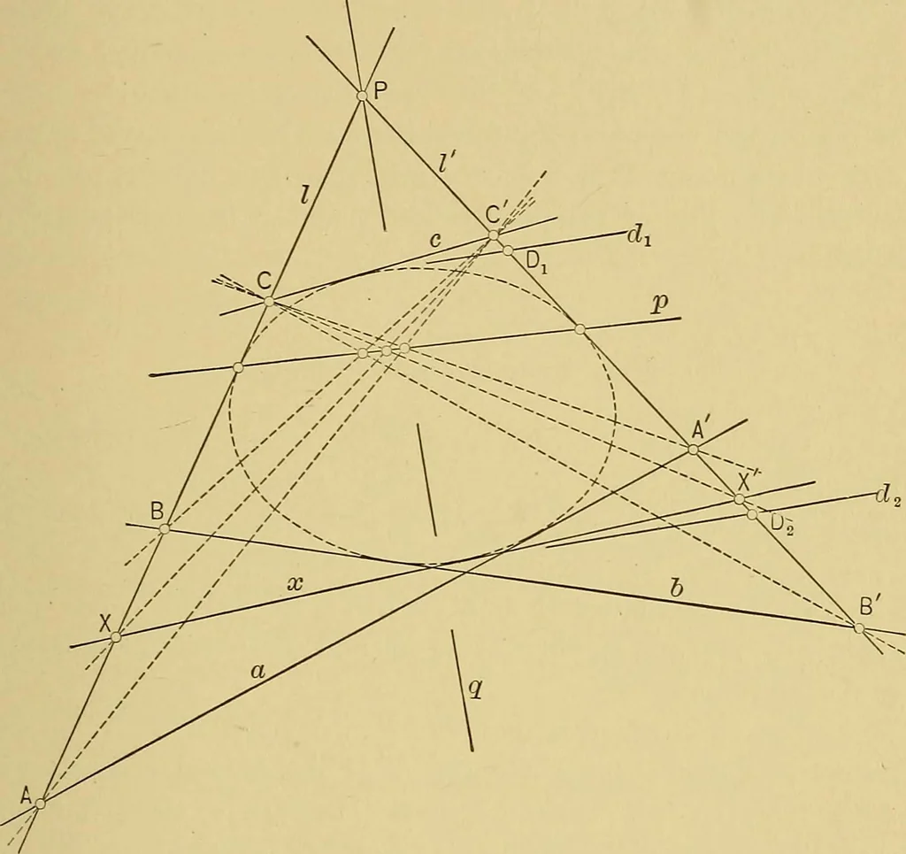 An illustration from An introduction to projective geometry and its applications; an analytic and synthetic treatment, 1905, leaf 46