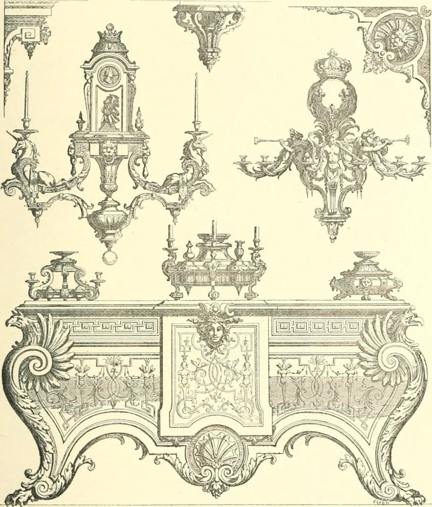 An illustration from Inventaire général du mobilier de la couronne sous Louis xiv (1663-1715) publié pour la première fois sous les auspices de la Société d'encouragement pour la propagation des livres d'art, 1892, leaf 132
