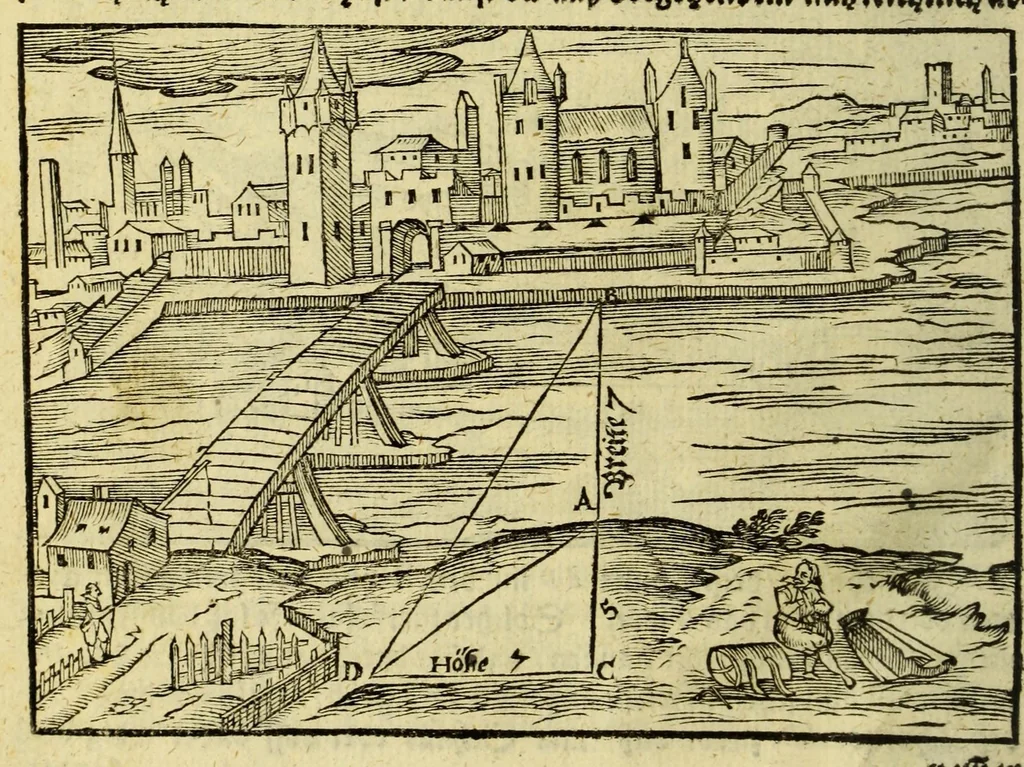 An illustration from Inventum P. Apiani. : Das ist, Beschreibung eines geometrische[n] Instruments, durch welches one alle Rechnung gar behend vnd leichtlich, allerlen höche, weitte, tieffe vnd braite, auch allerley Fläschen oder ebnen Innhalt, abgemessen, vnd andere mehe nutzliche Sachen erkundiget werden., 1616, leaf 36