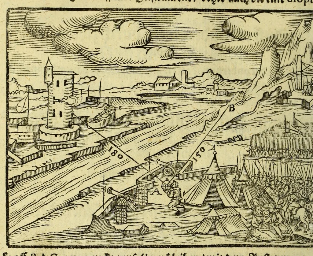 An illustration from Inventum P. Apiani. : Das ist, Beschreibung eines geometrische[n] Instruments, durch welches one alle Rechnung gar behend vnd leichtlich, allerlen höche, weitte, tieffe vnd braite, auch allerley Fläschen oder ebnen Innhalt, abgemessen, vnd andere mehe nutzliche Sachen erkundiget werden., 1616, leaf 38