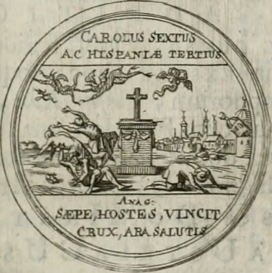 An illustration from Invictissimo, gloriosissimo, potentissimoque, Romanorum Imperatori Carolo Sexto et Regi Hispaniae III. Duci Brabantiae IV. 11. Octobris 1717. Inaugurato Bruxellis. Applausus chronographicus, 1717, leaf 10
