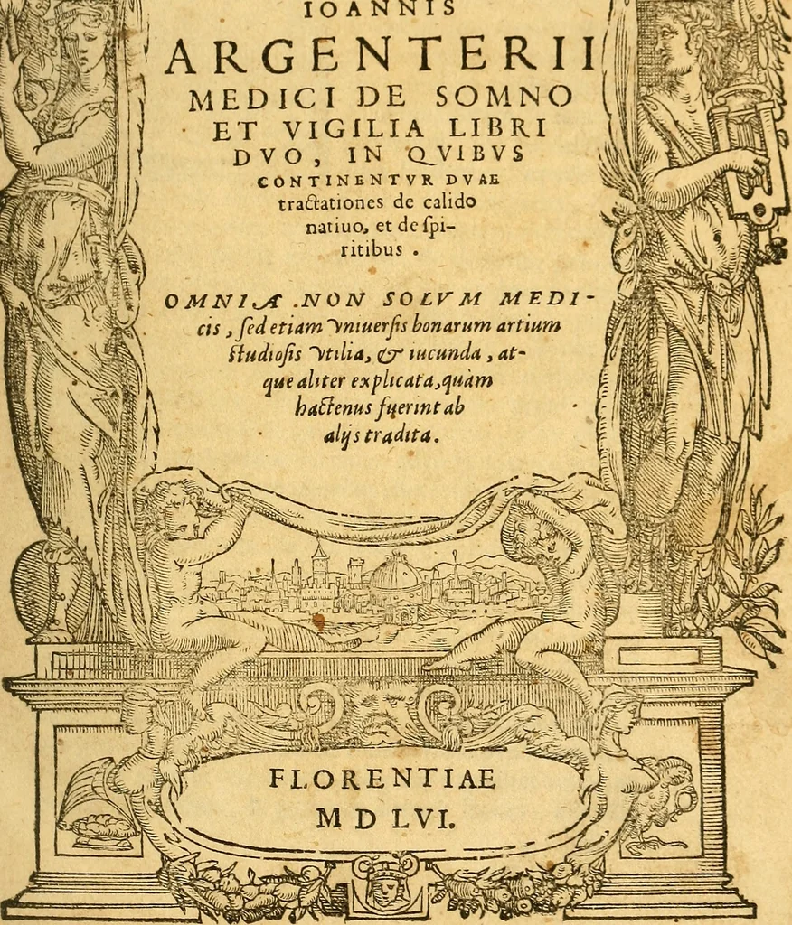 An illustration from Ioannis Argenterii medici De somno et vigilia libri duo : in quibus continentur duae tractationes de calido nativo, et de spiritibus : omnia non solum medicis, sed etiam universis bonarum artium studiosis utilia, & jucunda, atque aliter explicata, quam hactenus fuerint ab aliis tradita, 1556, leaf 4