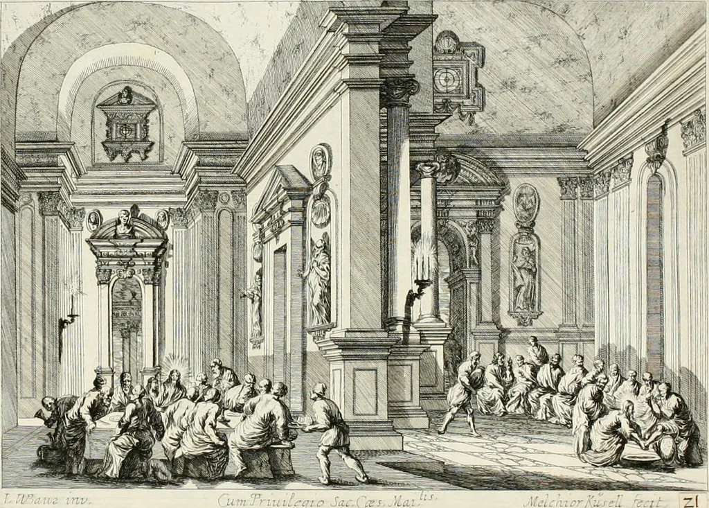 An illustration from Ioannis Guilielmi Baurn Iconographia : complectens In se passionem, miracula, vitam Christi universam : nec non, prospectus rarissimorum portuum, palatiorum, hortorum, historiarum, aliarumq[ue] rerum, quae per Italiam spectatu sunt dignae, 1671, leaf 12