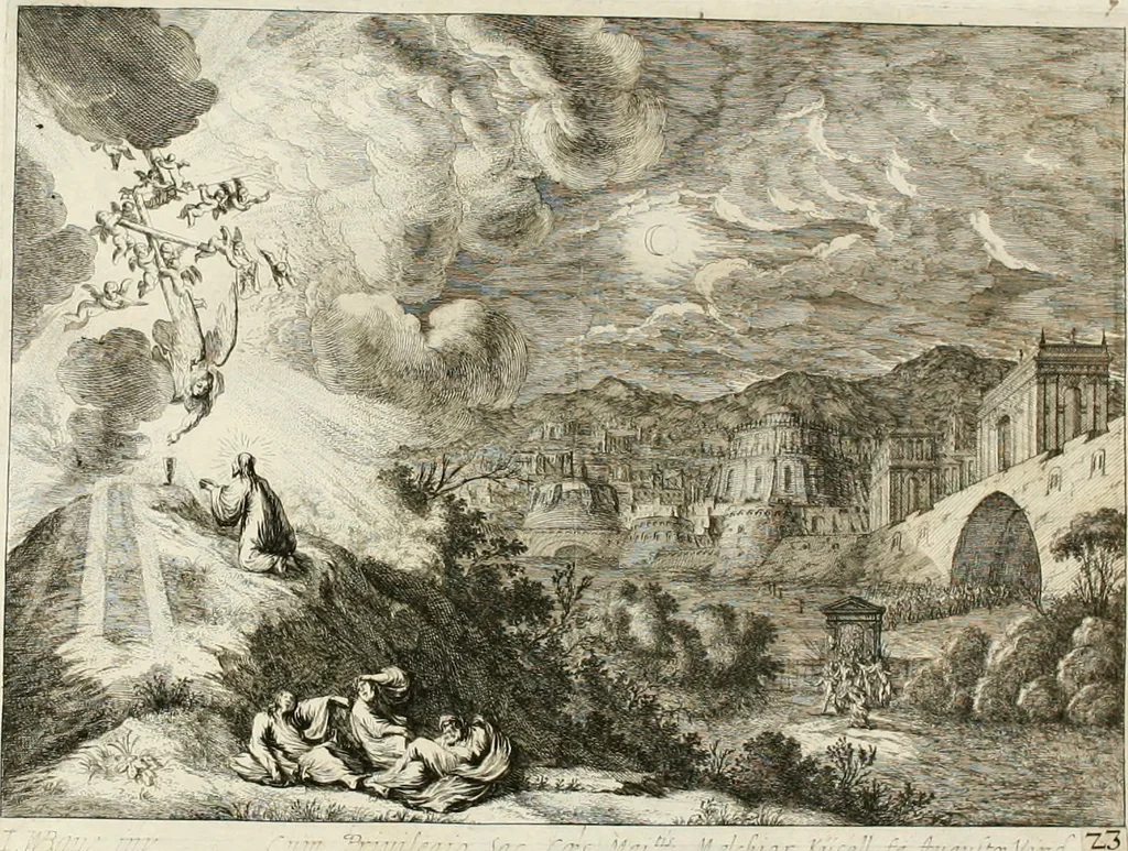 An illustration from Ioannis Guilielmi Baurn Iconographia : complectens In se passionem, miracula, vitam Christi universam : nec non, prospectus rarissimorum portuum, palatiorum, hortorum, historiarum, aliarumq[ue] rerum, quae per Italiam spectatu sunt dignae, 1671, leaf 14