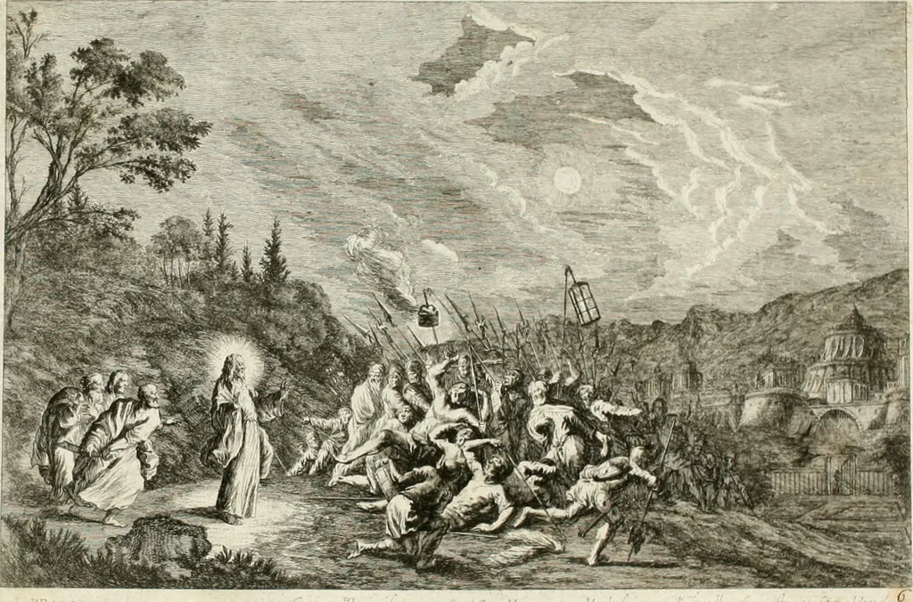 An illustration from Ioannis Guilielmi Baurn Iconographia : complectens In se passionem, miracula, vitam Christi universam : nec non, prospectus rarissimorum portuum, palatiorum, hortorum, historiarum, aliarumq[ue] rerum, quae per Italiam spectatu sunt dignae, 1671, leaf 16