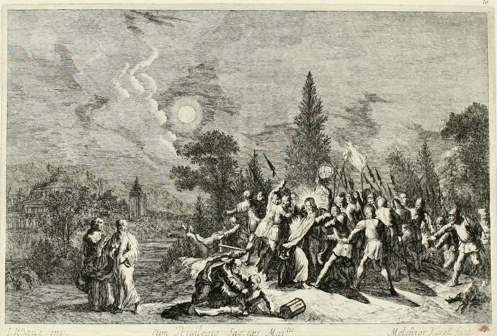 An illustration from Ioannis Guilielmi Baurn Iconographia : complectens In se passionem, miracula, vitam Christi universam : nec non, prospectus rarissimorum portuum, palatiorum, hortorum, historiarum, aliarumq[ue] rerum, quae per Italiam spectatu sunt dignae, 1671, leaf 17