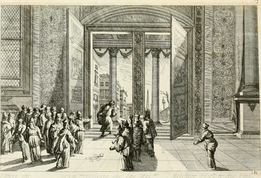 An illustration from Ioannis Guilielmi Baurn Iconographia : complectens In se passionem, miracula, vitam Christi universam : nec non, prospectus rarissimorum portuum, palatiorum, hortorum, historiarum, aliarumq[ue] rerum, quae per Italiam spectatu sunt dignae, 1671, leaf 20