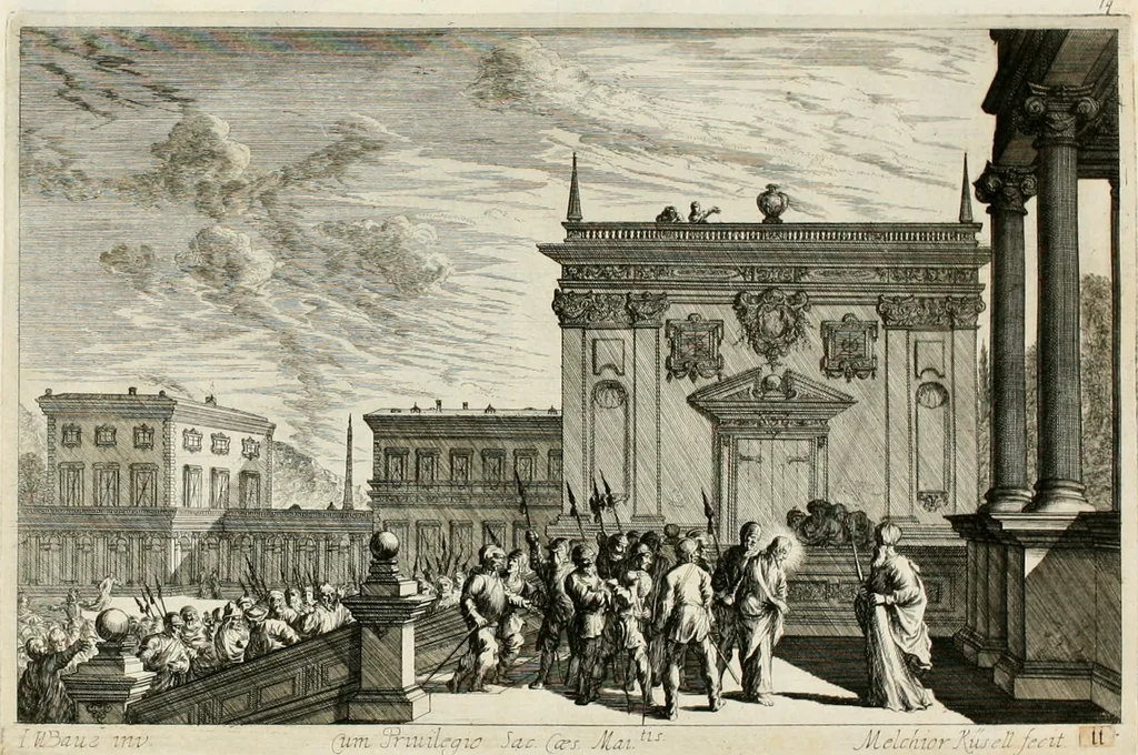 An illustration from Ioannis Guilielmi Baurn Iconographia : complectens In se passionem, miracula, vitam Christi universam : nec non, prospectus rarissimorum portuum, palatiorum, hortorum, historiarum, aliarumq[ue] rerum, quae per Italiam spectatu sunt dignae, 1671, leaf 21