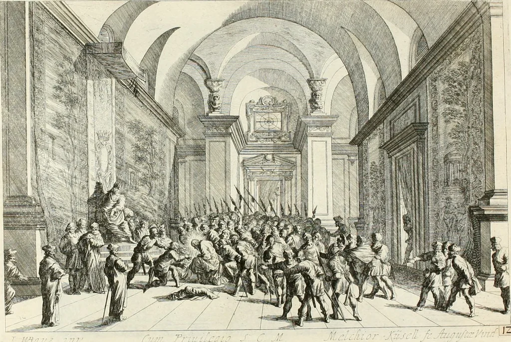 An illustration from Ioannis Guilielmi Baurn Iconographia : complectens In se passionem, miracula, vitam Christi universam : nec non, prospectus rarissimorum portuum, palatiorum, hortorum, historiarum, aliarumq[ue] rerum, quae per Italiam spectatu sunt dignae, 1671, leaf 22