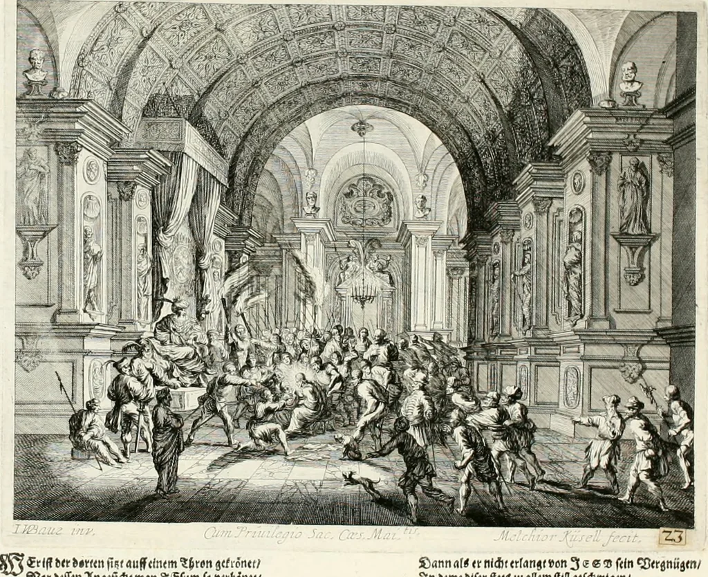 An illustration from Ioannis Guilielmi Baurn Iconographia : complectens In se passionem, miracula, vitam Christi universam : nec non, prospectus rarissimorum portuum, palatiorum, hortorum, historiarum, aliarumq[ue] rerum, quae per Italiam spectatu sunt dignae, 1671, leaf 23