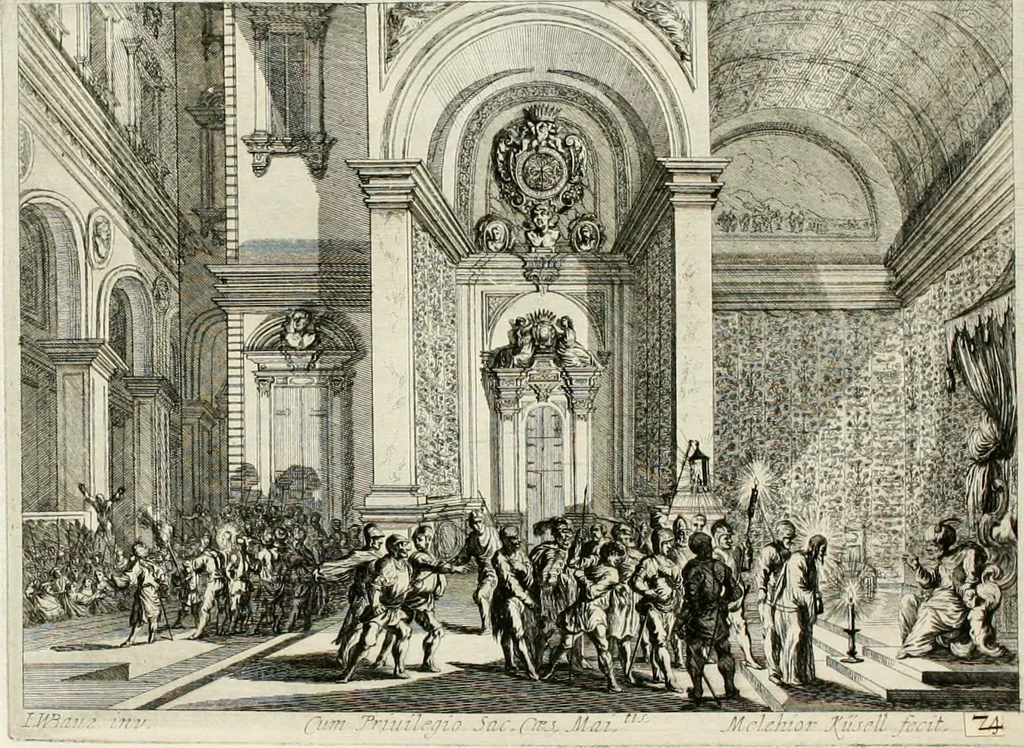 An illustration from Ioannis Guilielmi Baurn Iconographia : complectens In se passionem, miracula, vitam Christi universam : nec non, prospectus rarissimorum portuum, palatiorum, hortorum, historiarum, aliarumq[ue] rerum, quae per Italiam spectatu sunt dignae, 1671, leaf 24