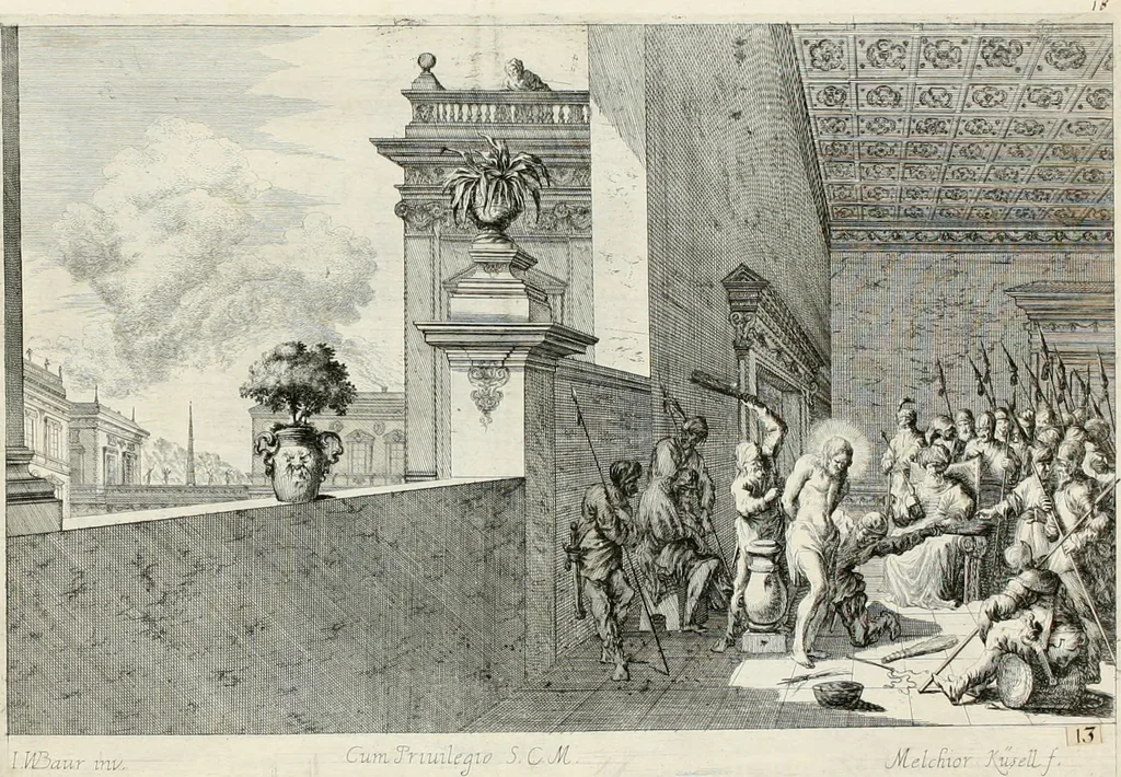 An illustration from Ioannis Guilielmi Baurn Iconographia : complectens In se passionem, miracula, vitam Christi universam : nec non, prospectus rarissimorum portuum, palatiorum, hortorum, historiarum, aliarumq[ue] rerum, quae per Italiam spectatu sunt dignae, 1671, leaf 25