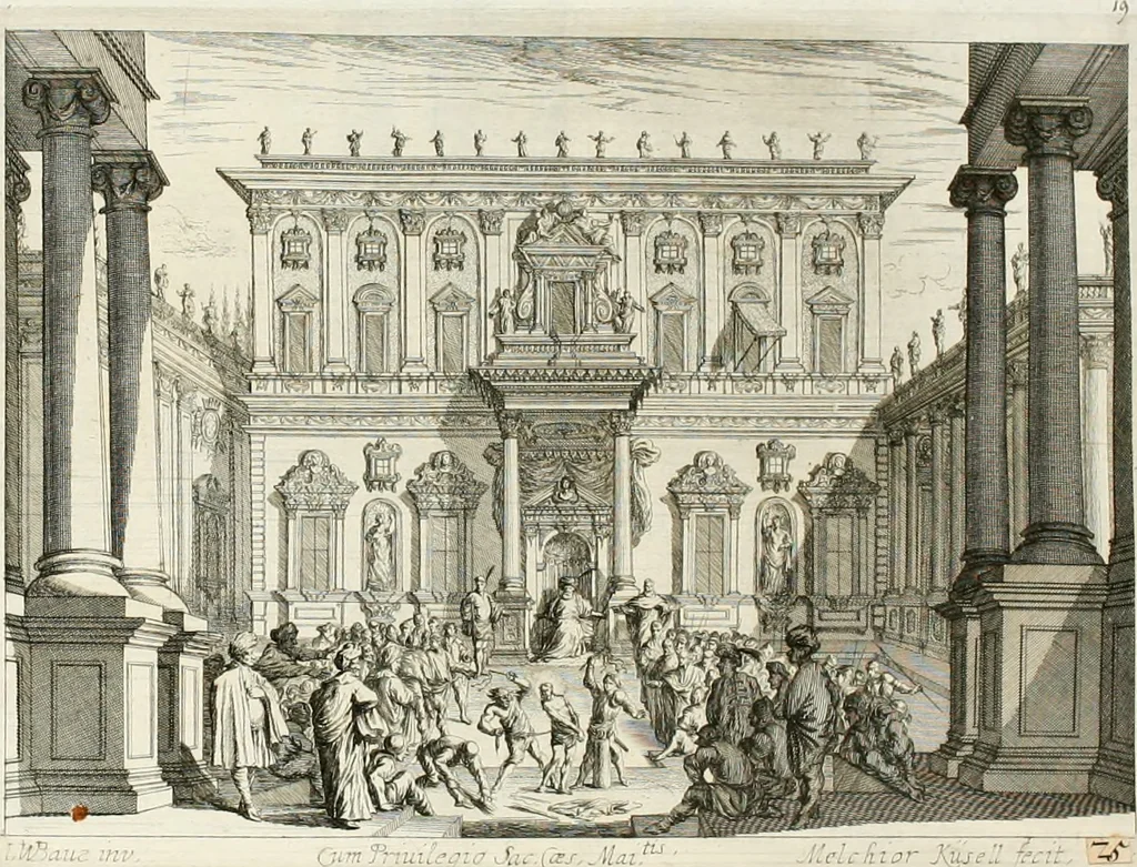 An illustration from Ioannis Guilielmi Baurn Iconographia : complectens In se passionem, miracula, vitam Christi universam : nec non, prospectus rarissimorum portuum, palatiorum, hortorum, historiarum, aliarumq[ue] rerum, quae per Italiam spectatu sunt dignae, 1671, leaf 26
