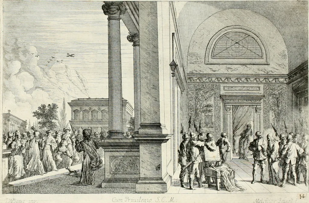An illustration from Ioannis Guilielmi Baurn Iconographia : complectens In se passionem, miracula, vitam Christi universam : nec non, prospectus rarissimorum portuum, palatiorum, hortorum, historiarum, aliarumq[ue] rerum, quae per Italiam spectatu sunt dignae, 1671, leaf 27