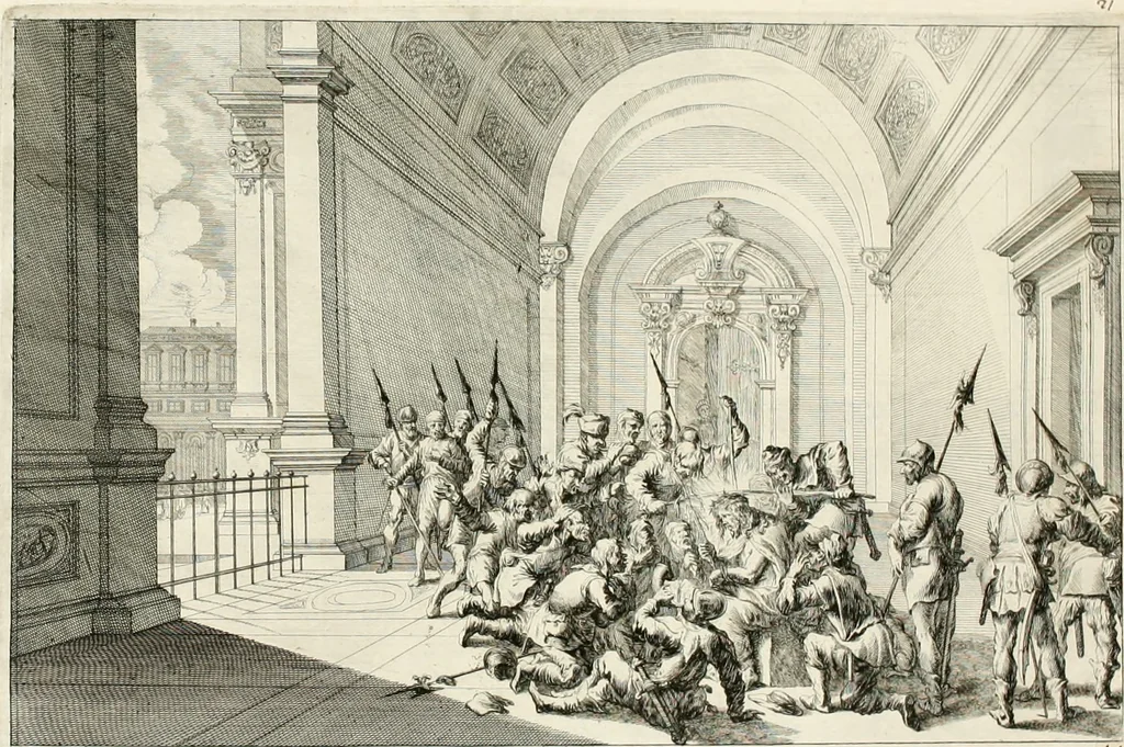 An illustration from Ioannis Guilielmi Baurn Iconographia : complectens In se passionem, miracula, vitam Christi universam : nec non, prospectus rarissimorum portuum, palatiorum, hortorum, historiarum, aliarumq[ue] rerum, quae per Italiam spectatu sunt dignae, 1671, leaf 28